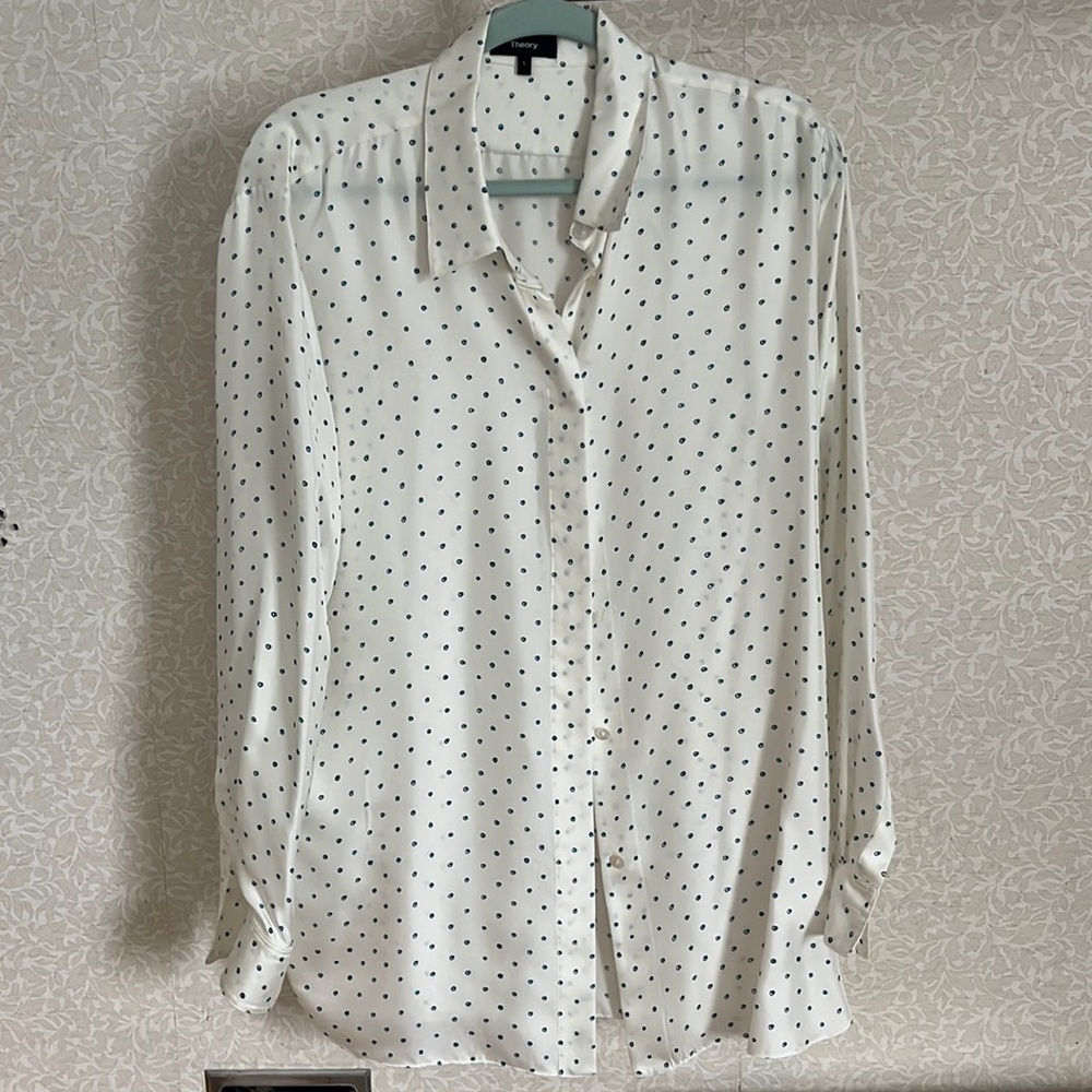 Theory Silk Oversize Button Down Shirt Ivory Blue Dot Large